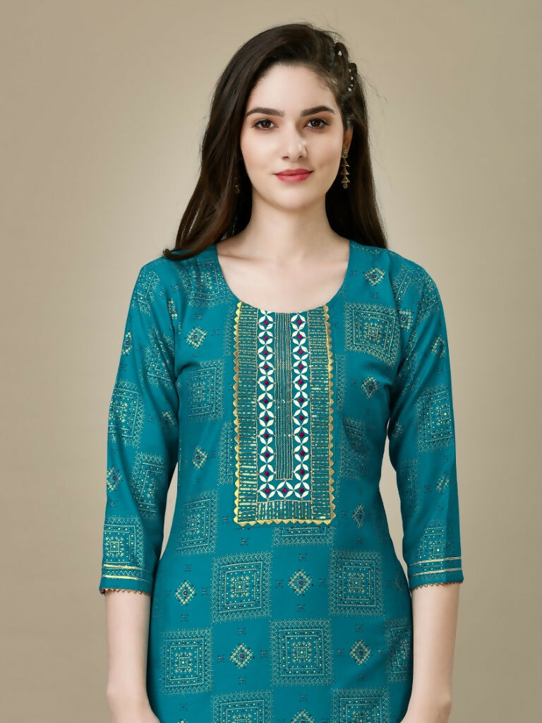 Jyoti Fashion Women's Rama Rayon Embroidered Kurta Pant Set