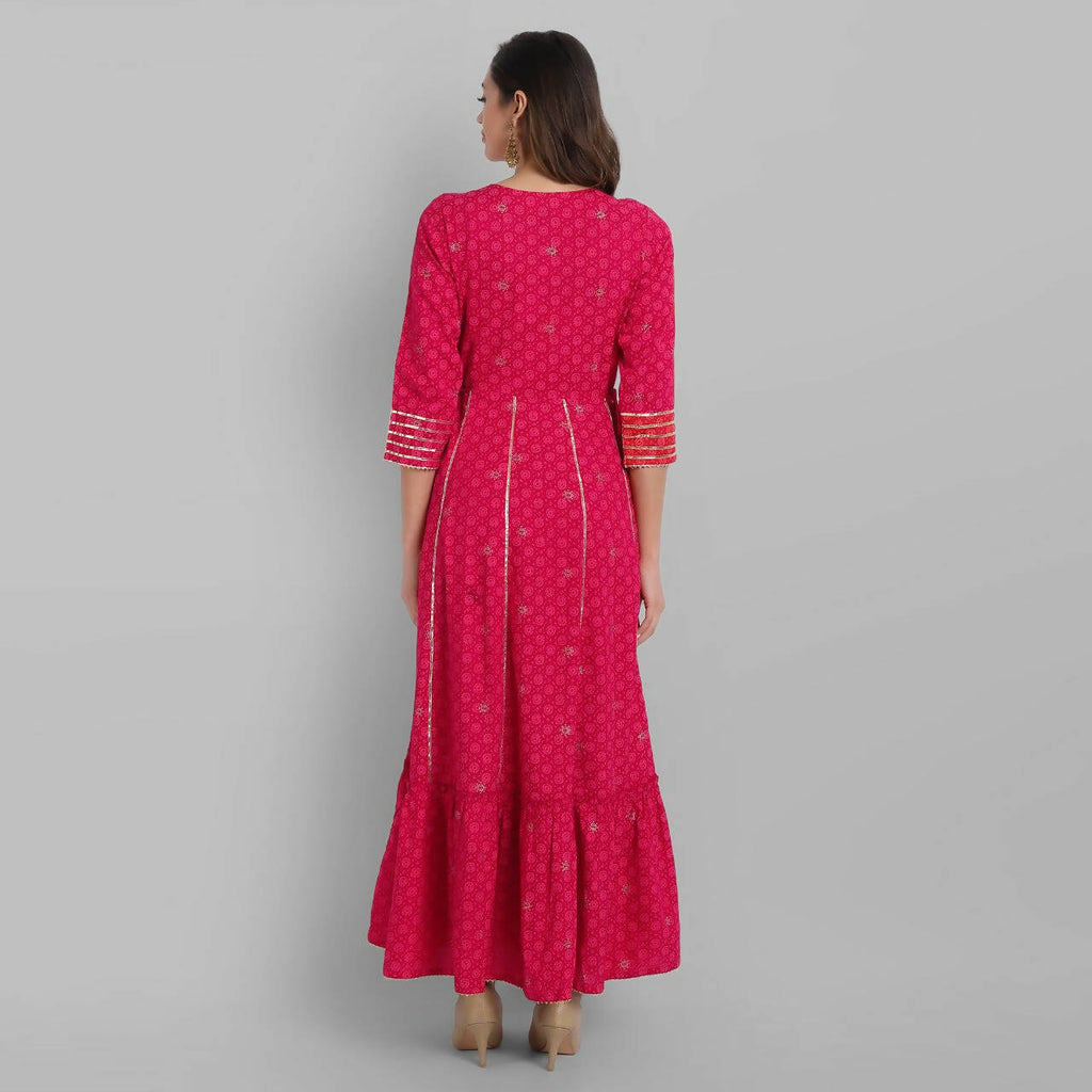 Juniper Fuchsia Rayon Festive Wear Embroidered Tiered Long Dress