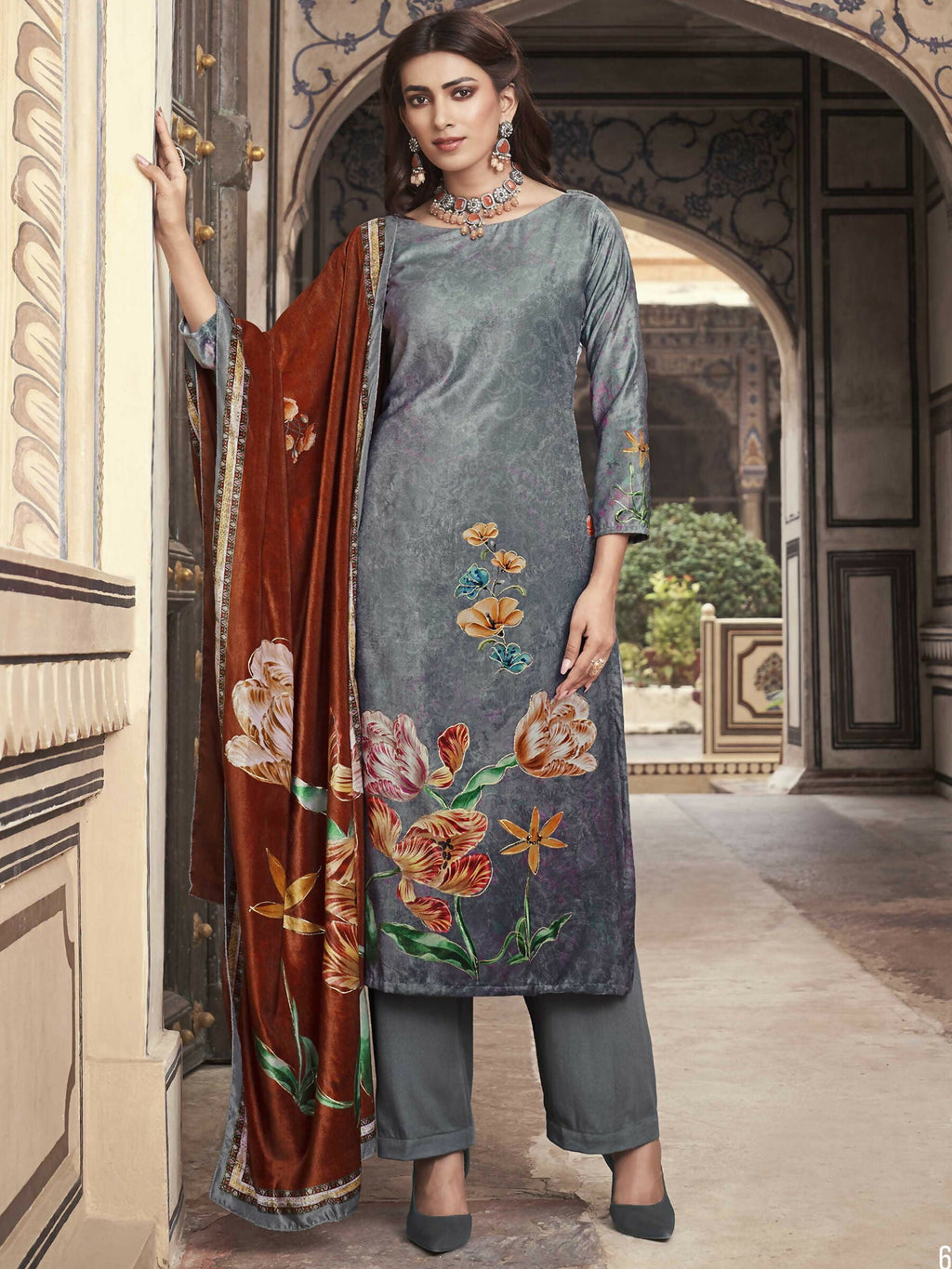 Jyoti Fashion Women's Grey Velvet Floral Digital Printed Kurta with Trouser & Dupatta