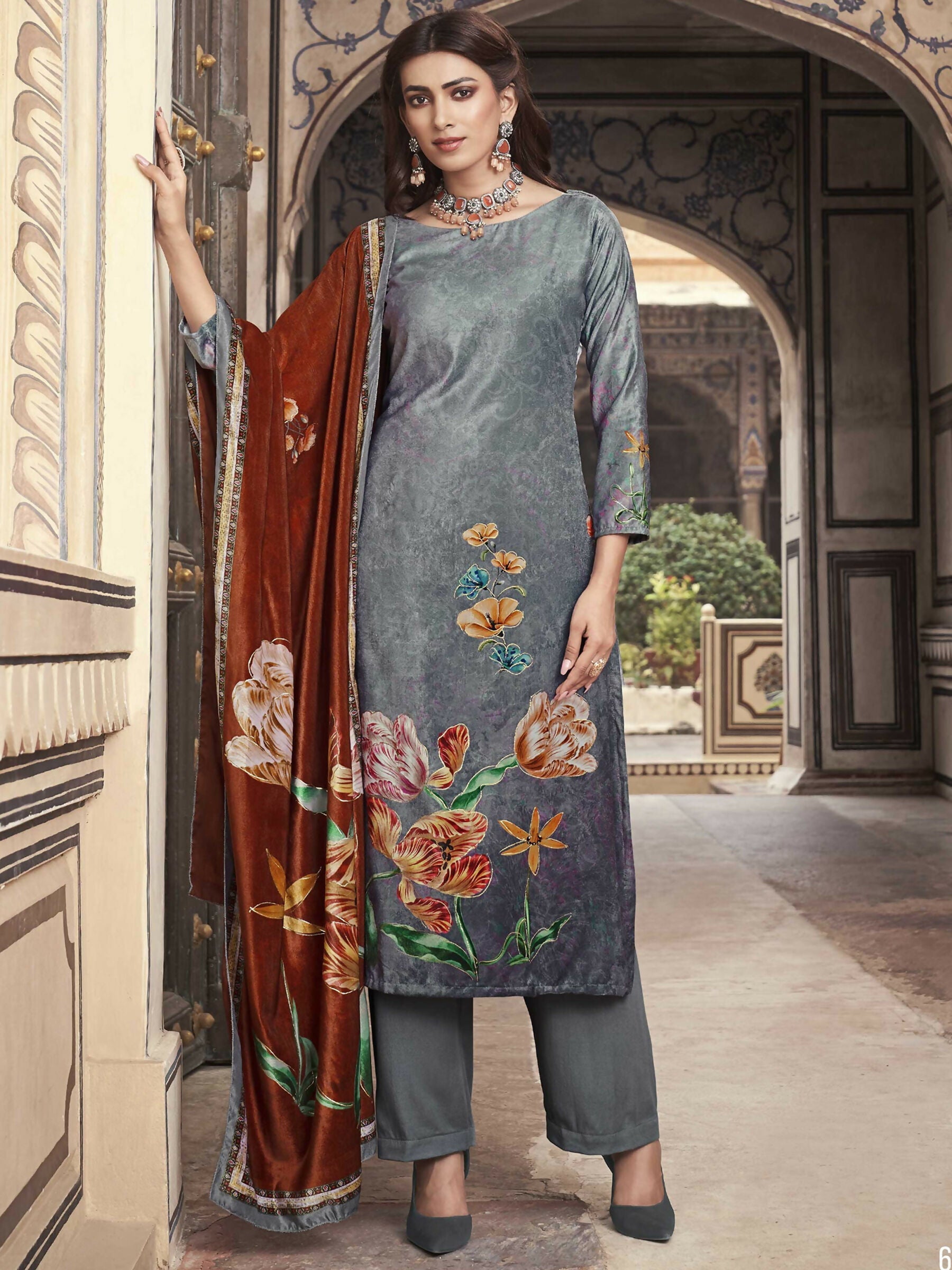 Jyoti Fashion Women's Grey Velvet Floral Digital Printed Kurta with Trouser & Dupatta