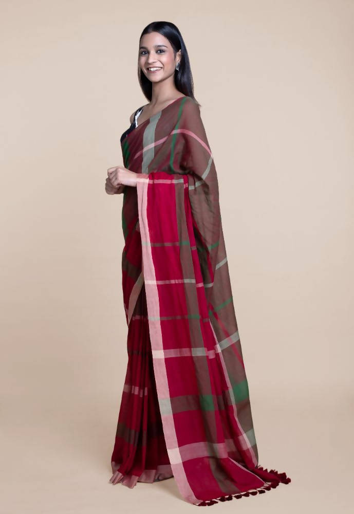 Suta Women Maroon Green Pure Handloom Cotton Saree