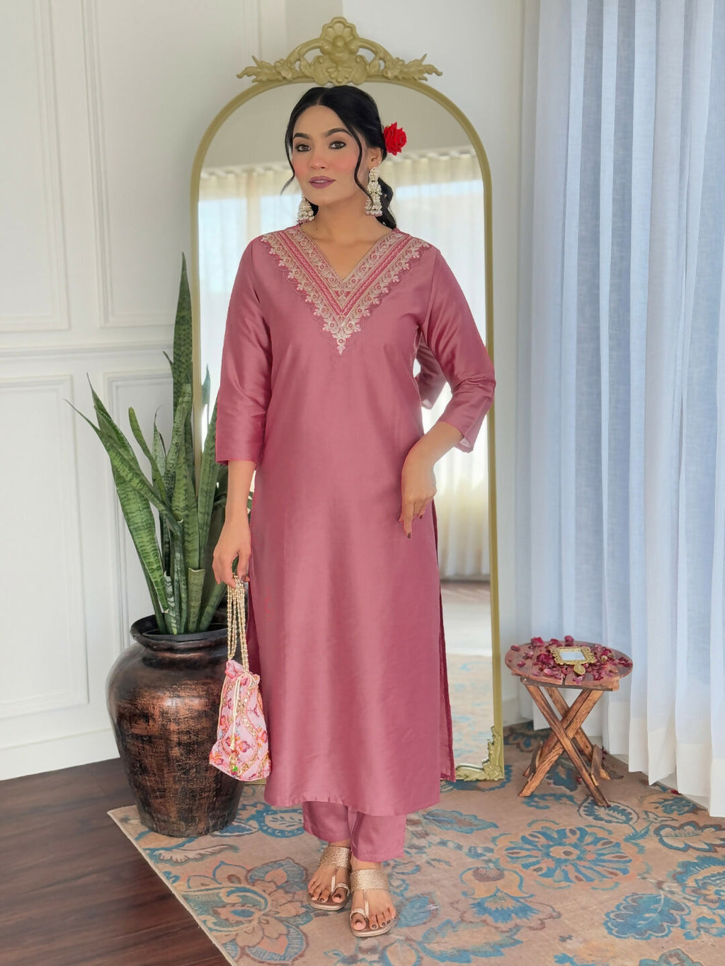 The52 Gajri Women's Beautiful Embroidered Rayon Fabric with Straight Kurta, Pant and Dupatta Set