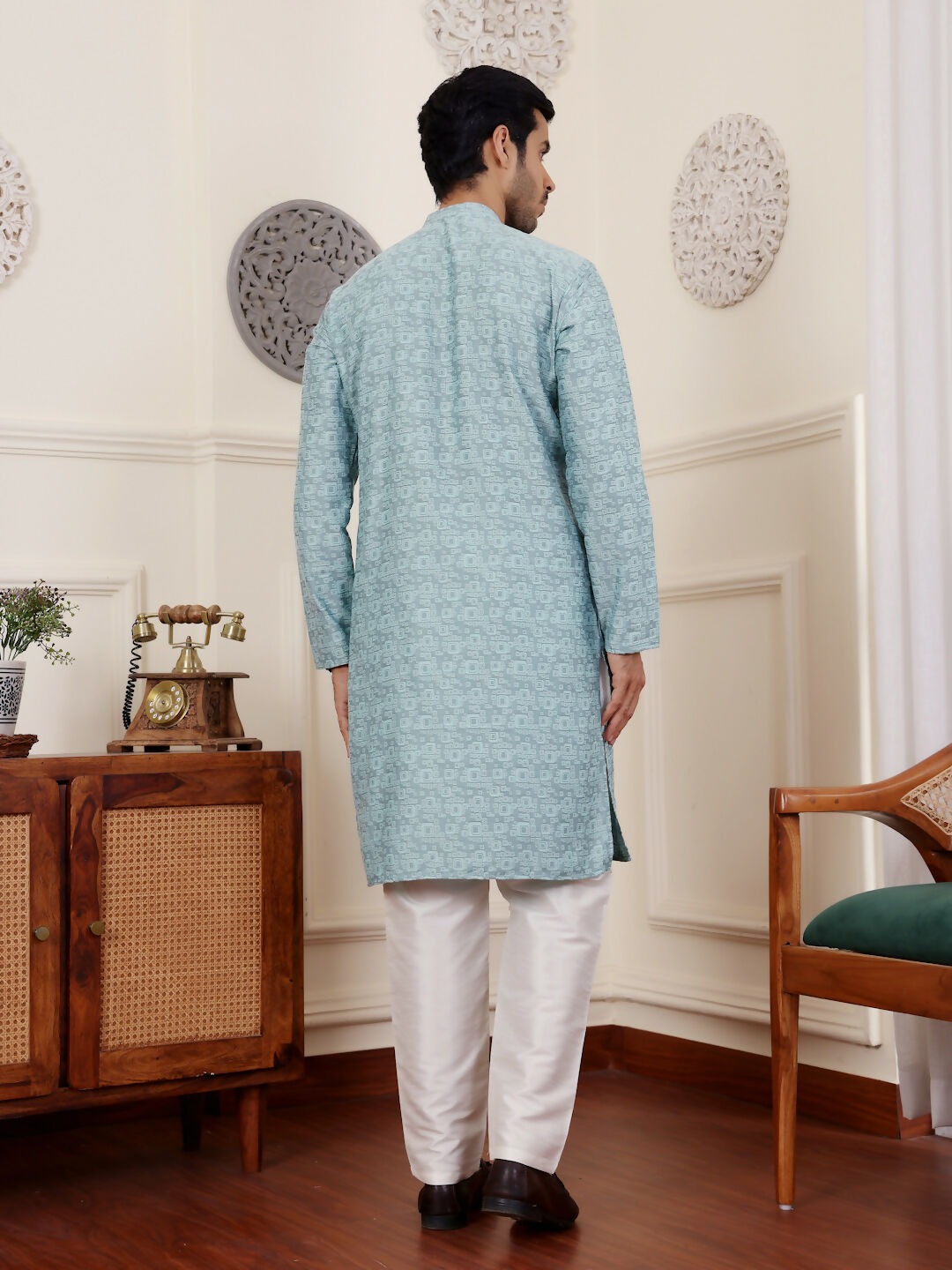 Blue Viscose Woven Jacquard Work Men's Rajwadi Kurta Set - Mahotsav