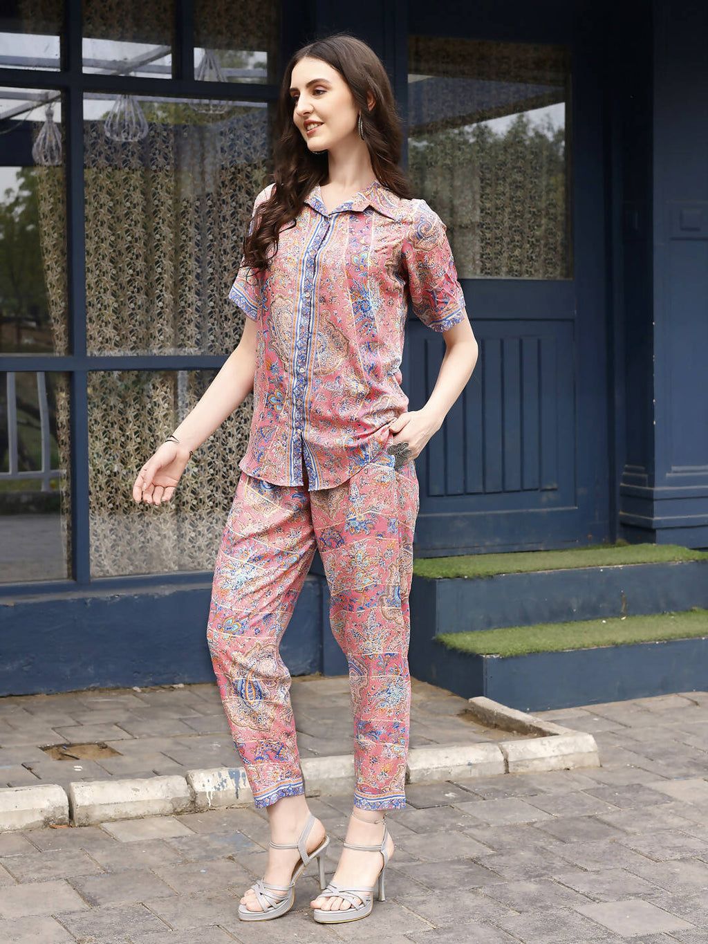 Pink Rayon Floral Printed Top with Matching Bottom - Eesha