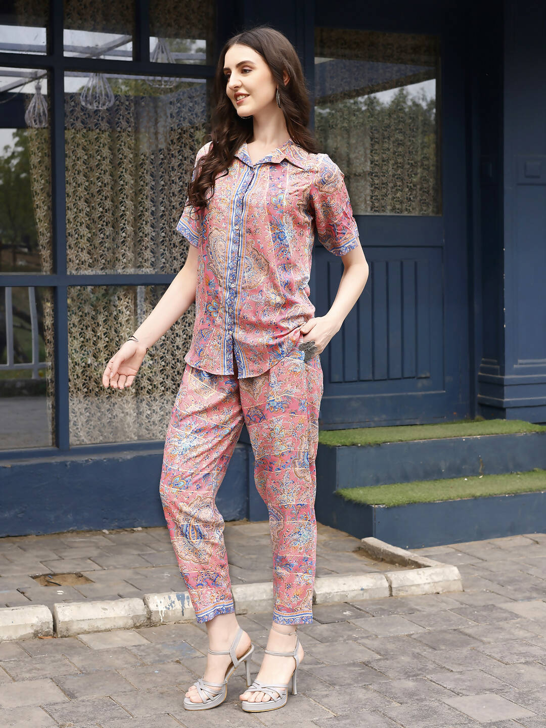 Pink Rayon Floral Printed Top with Matching Bottom - Eesha