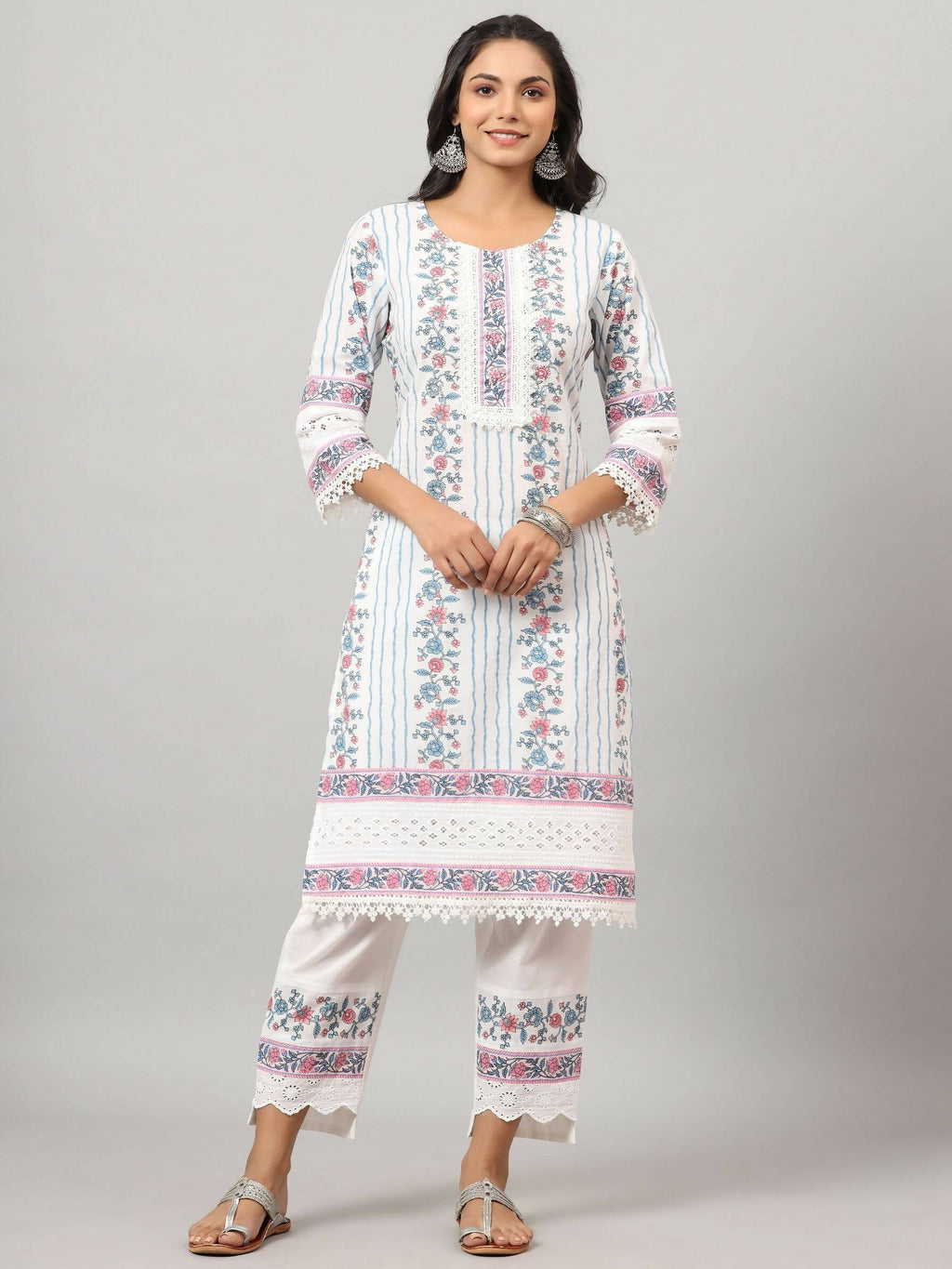 Juniper Women's Off-White Cambric Printed Stright Kurta Sets