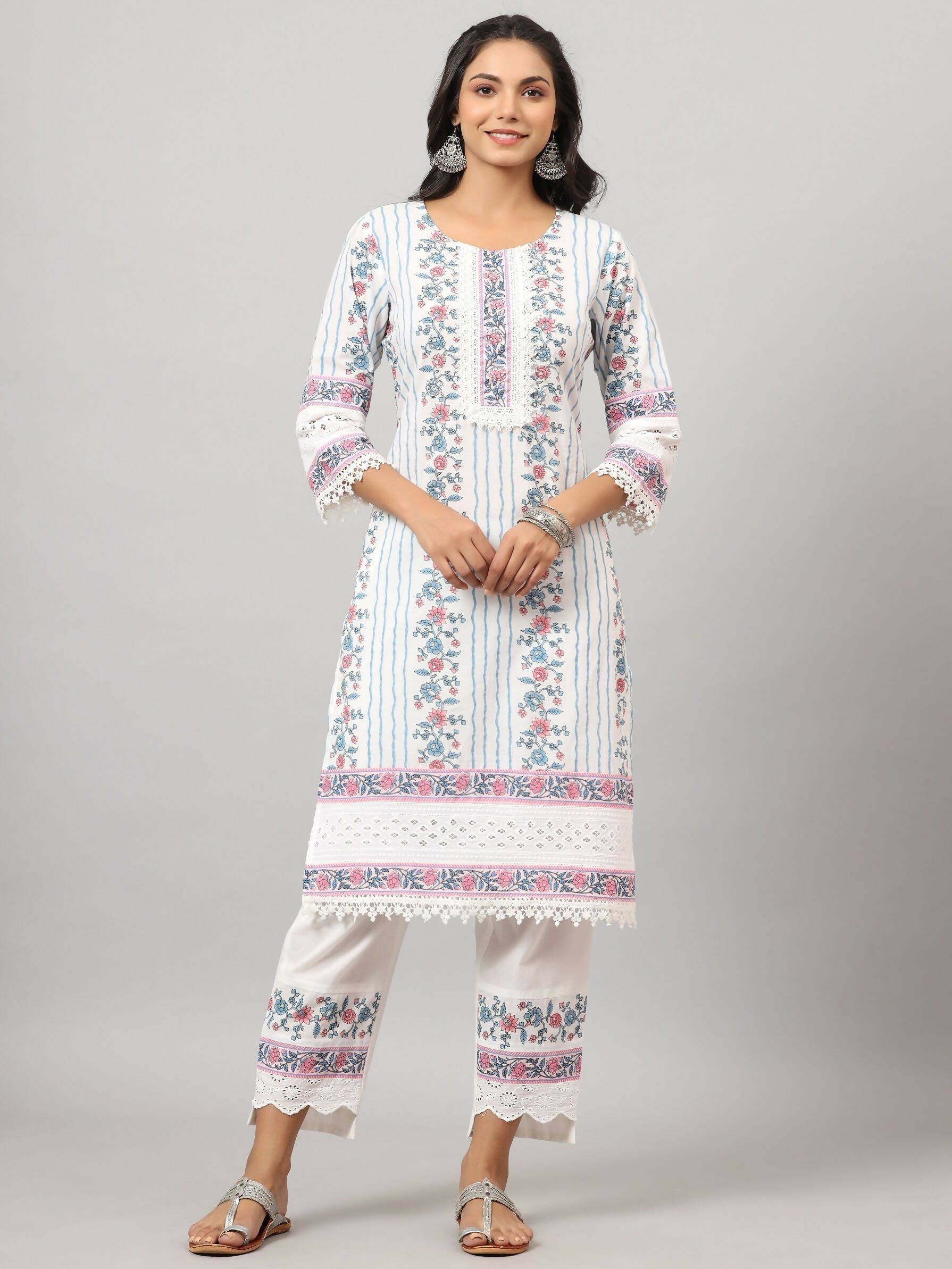 Juniper Women's Off-White Cambric Printed Stright Kurta Sets