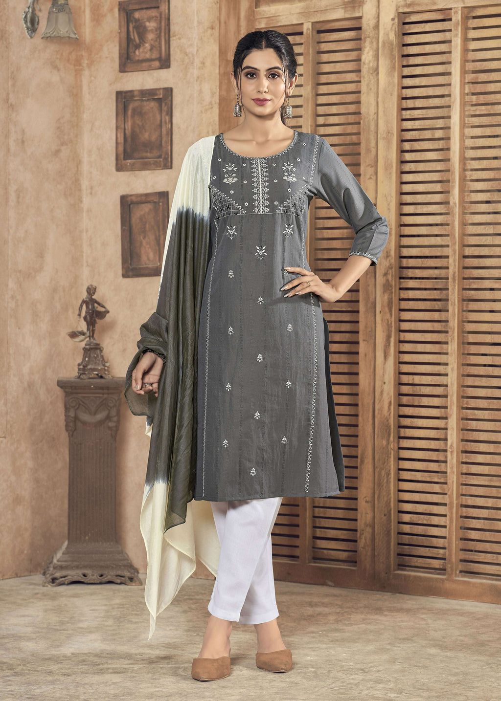 Jyoti Fashion Women's Grey Pure Viscose Weaving Stripe with Embroidery Kurta Set