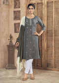 Jyoti Fashion Women's Grey Pure Viscose Weaving Stripe with Embroidery Kurta Set