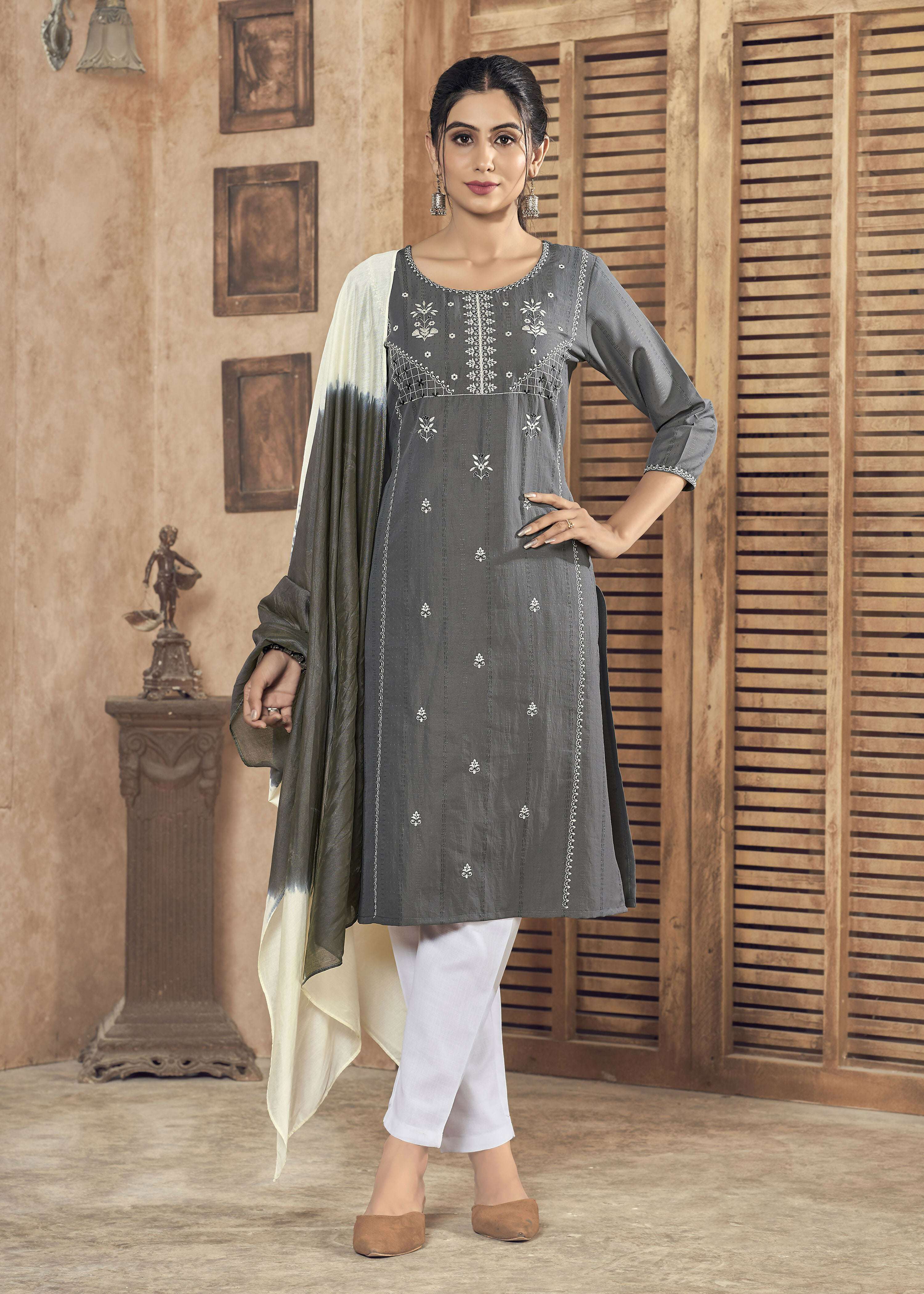 Jyoti Fashion Women's Grey Pure Viscose Weaving Stripe with Embroidery Kurta Set