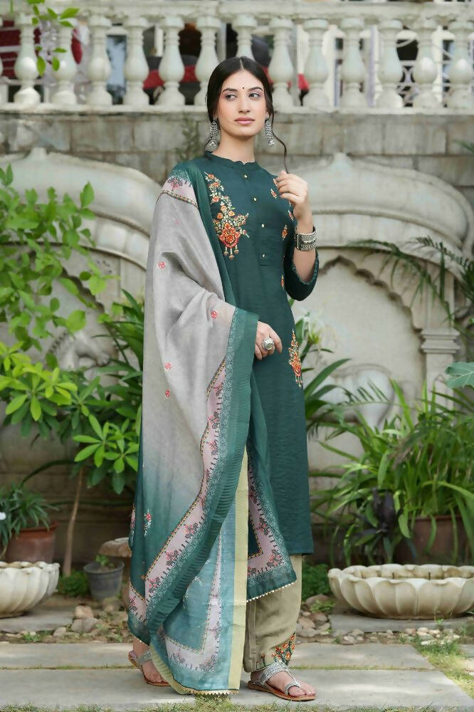 Juniper Bottle Green Mono Viscose Festive Wear Embroidered Straight Kurta Pant Dupatta Set