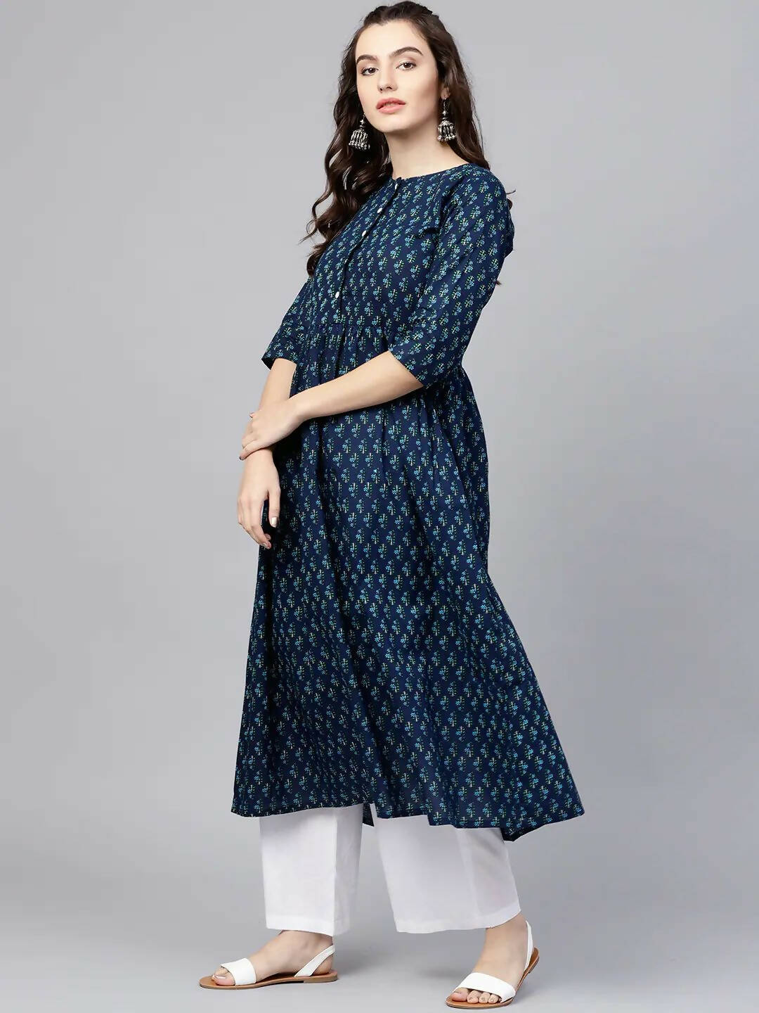 Vamika Printed Cotton Blue Party Wear/Casual Wear Women Kurta Set/Suit