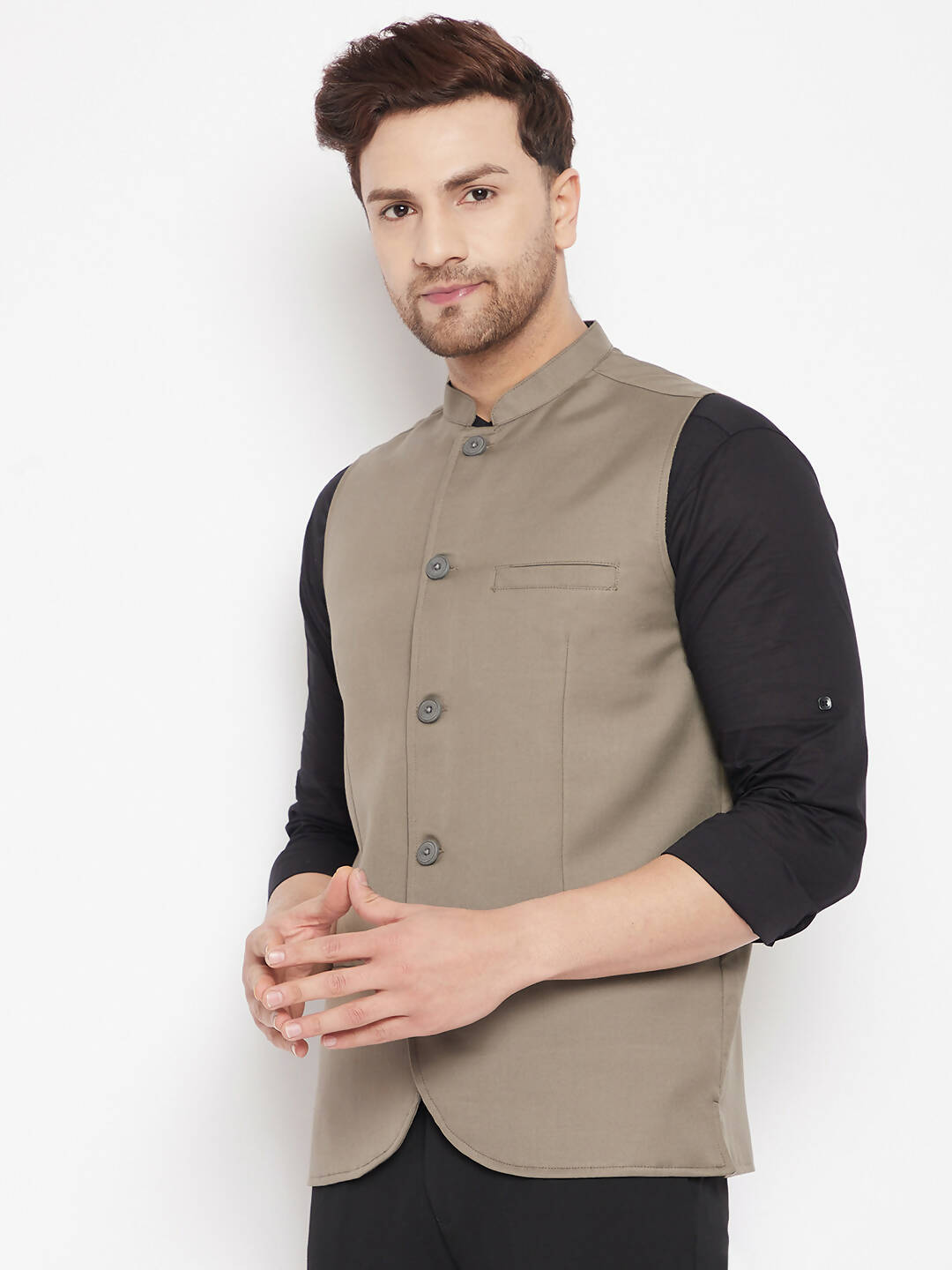 Even Apparels Beige Merino Men Woven Nehru Jacket