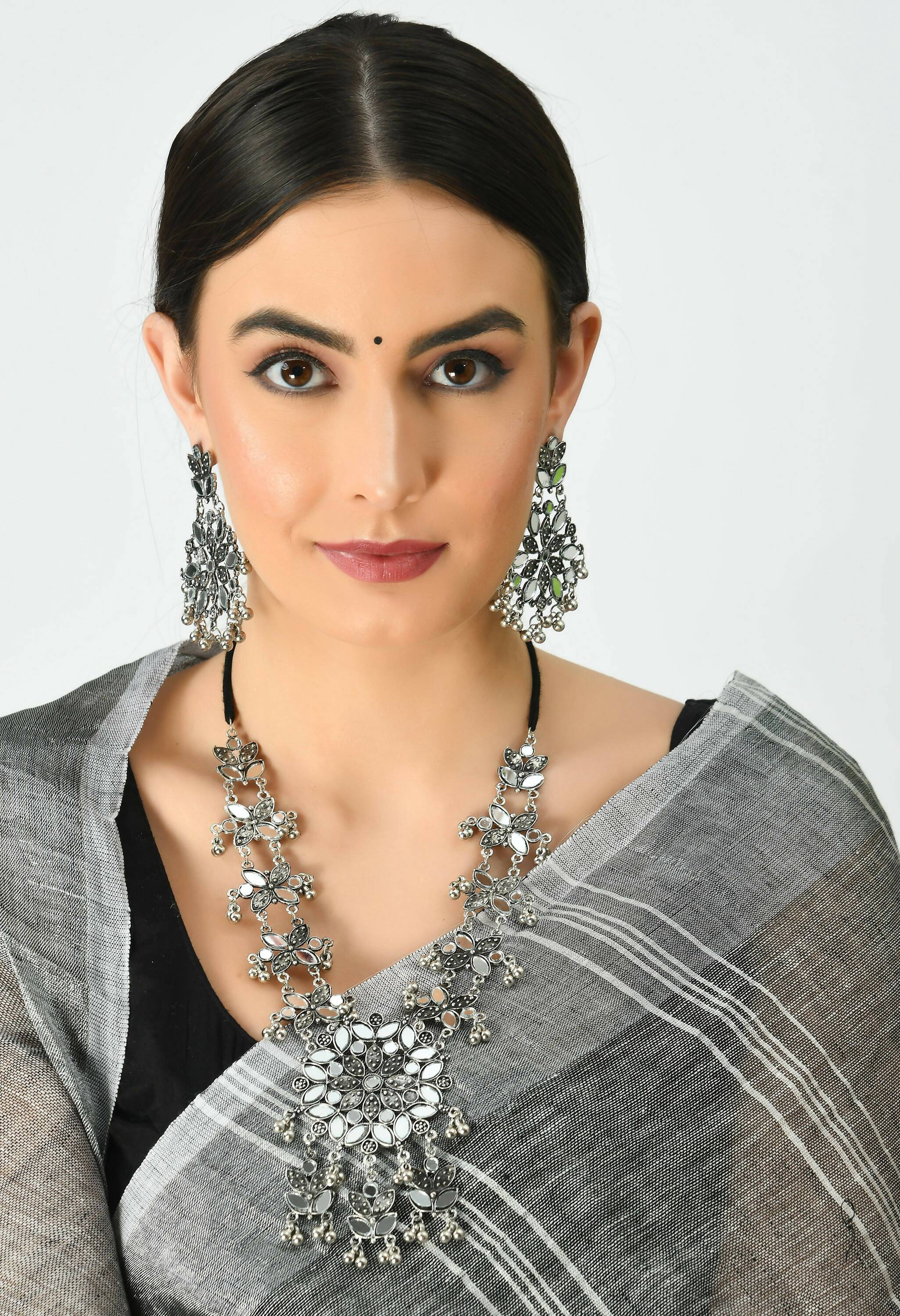 Mominos Fashion Johar Kamal Oxidised Silver-Plated Mirror Work Long Necklace Set