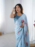 Blue Chinon Designer Digital Printed,Mirror Cut Work Saree - Manvika