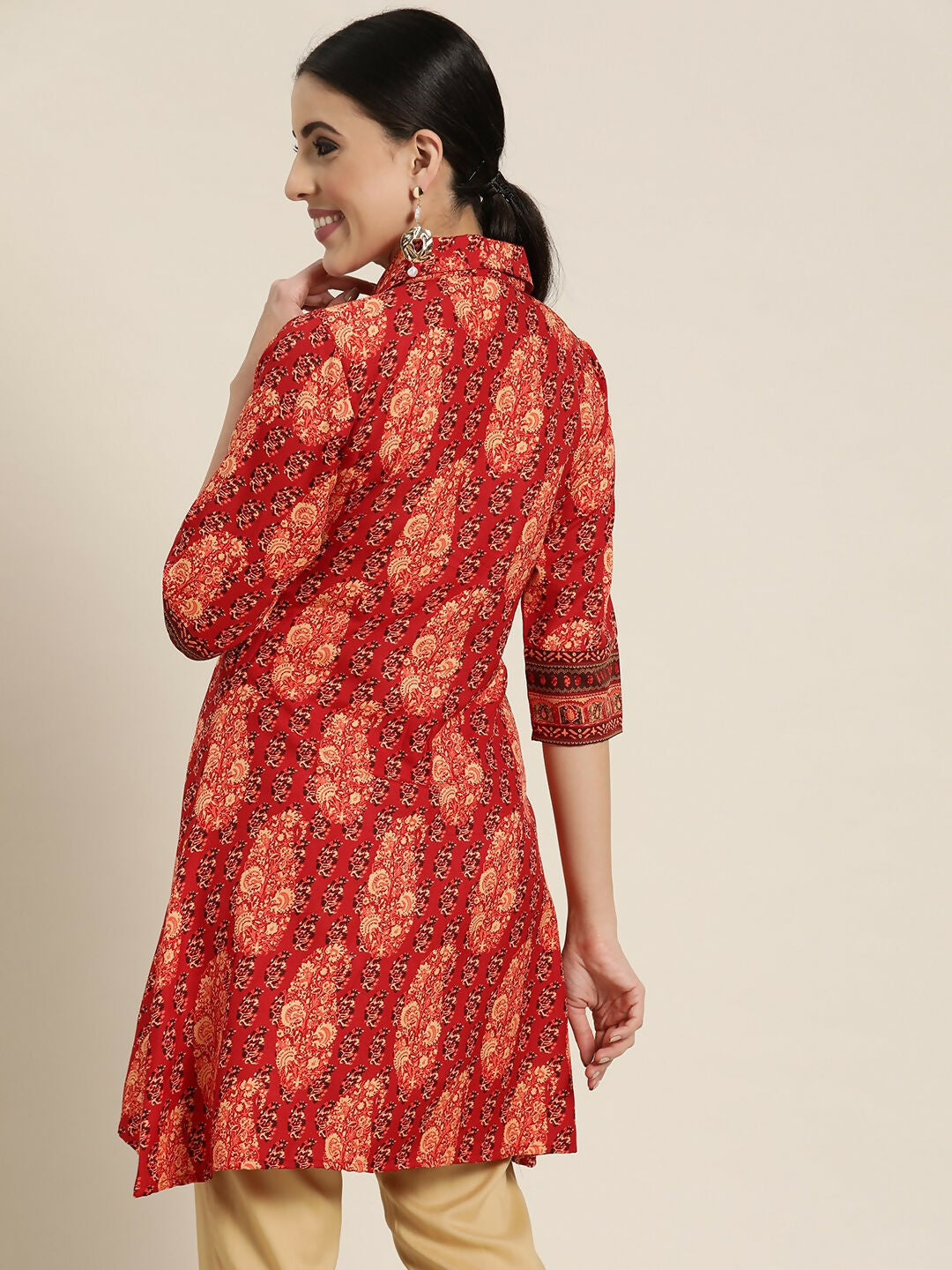 Juniper Red Ethnic Motif Printed Rayon A-Line Kurta with Buttons