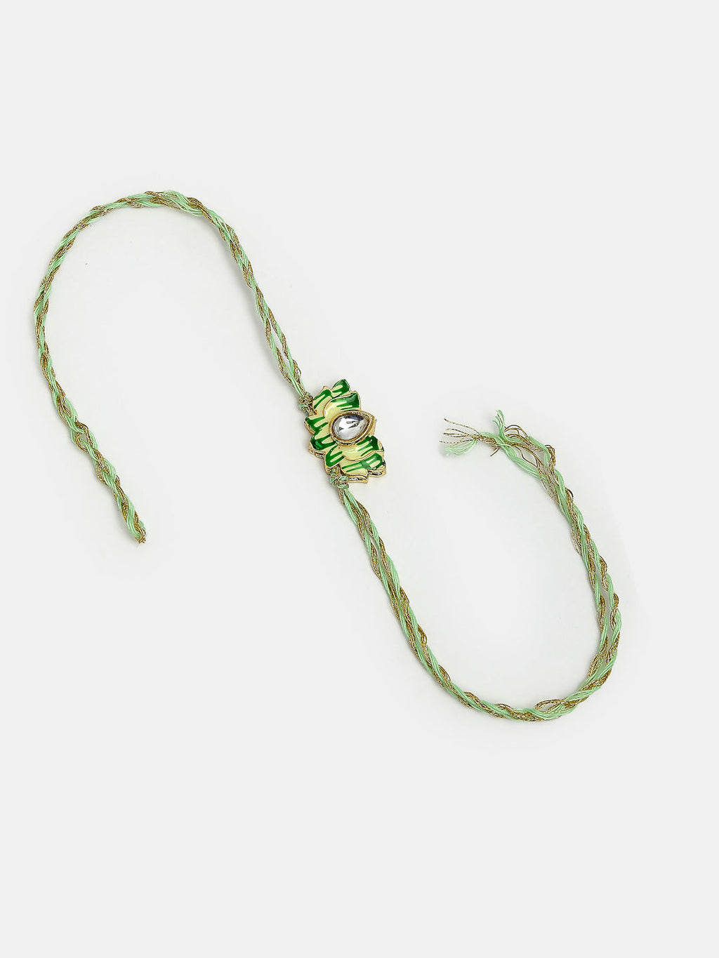 NVR Women & Men Set of 2 Green Lotus Shape Kundan-Studded & Beaded Wraparound Rakhi Set With Roli Chawal & Chocolate