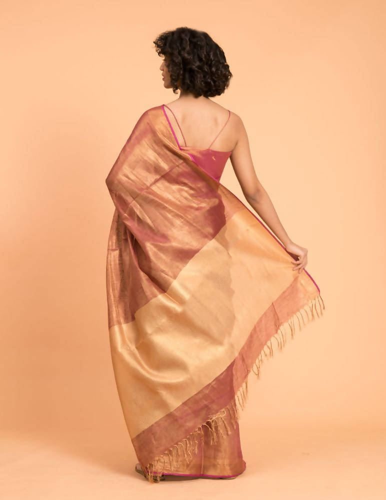 Suta Pink Golden Solid Zari Pure Linen Saree
