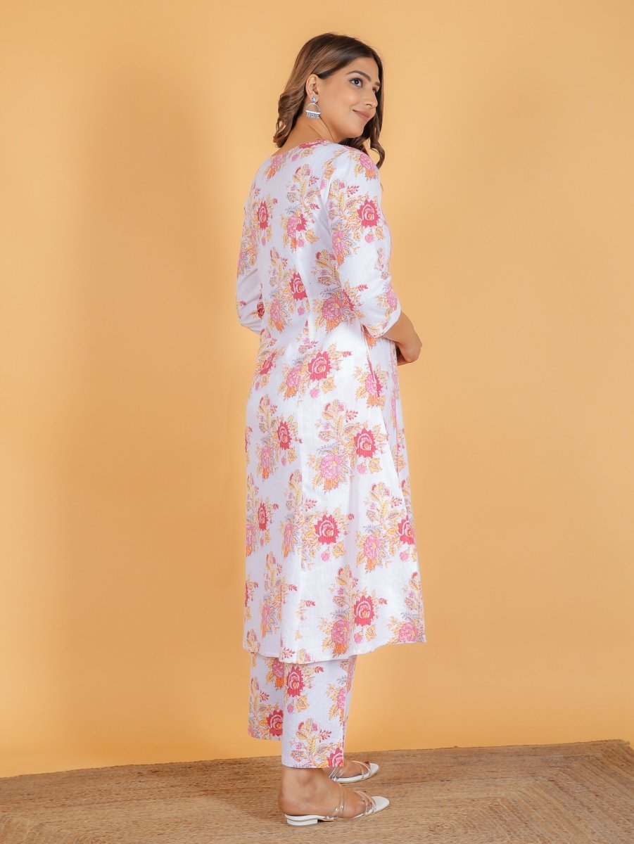 Aramya A-line Kantha Cotton Floral Print Women's Kurta - White