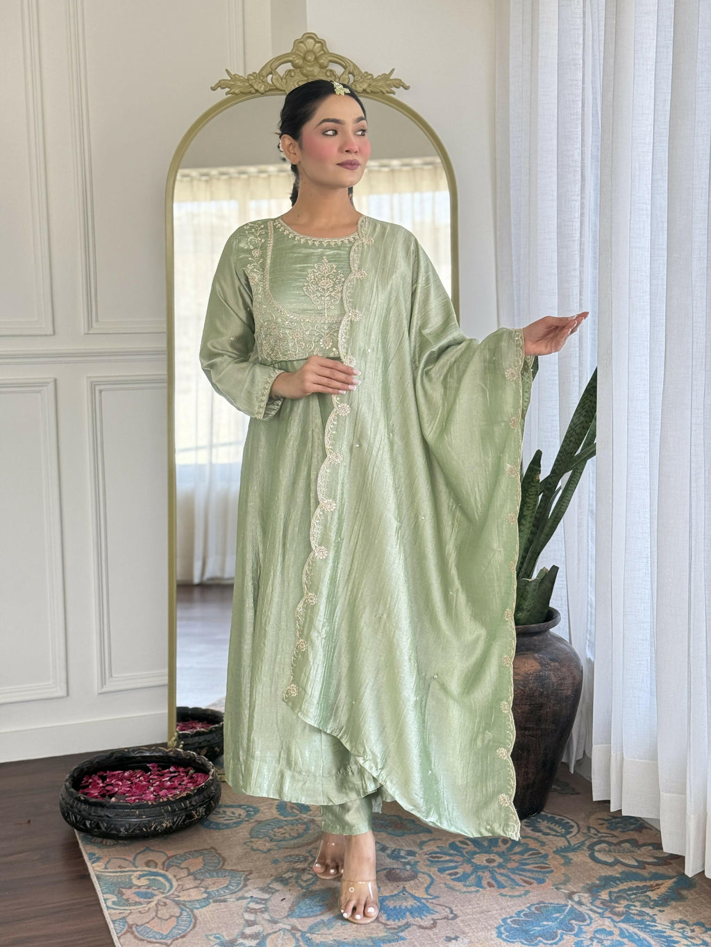 The52 Pista Women's Gorgeous Embroidered Vichitra Silk Fabric Flared Kurta Pant with Dupatta Set
