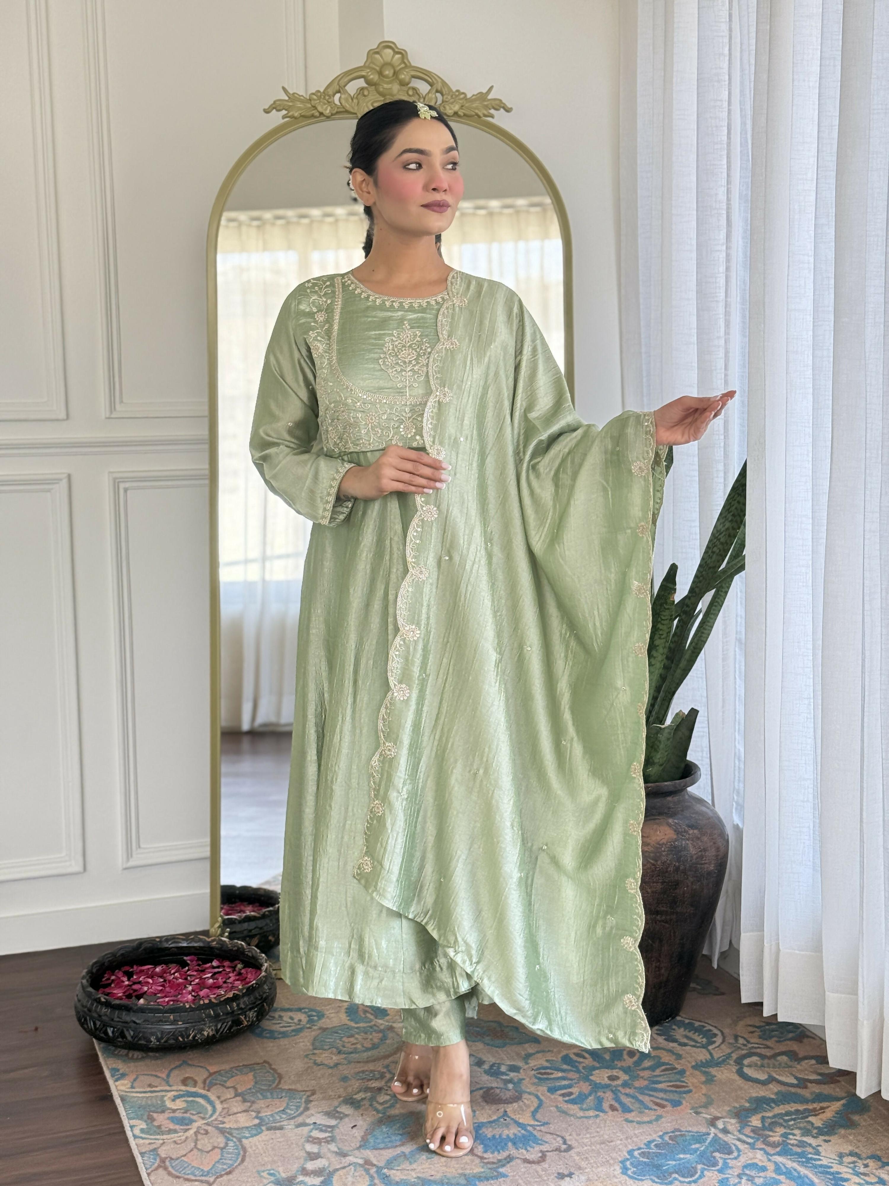 The52 Pista Women's Gorgeous Embroidered Vichitra Silk Fabric Flared Kurta Pant with Dupatta Set
