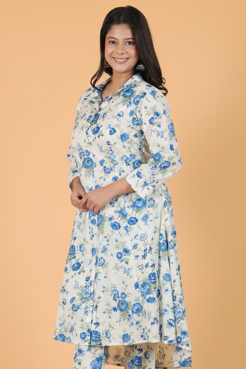 Aramya White Textured Cotton Floral High Low Kurta for Women