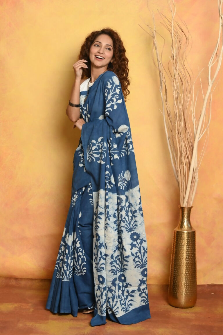 Very Much Indian Handblock Printed Cotton Saree With Natural Dyes - Cerulean Blue