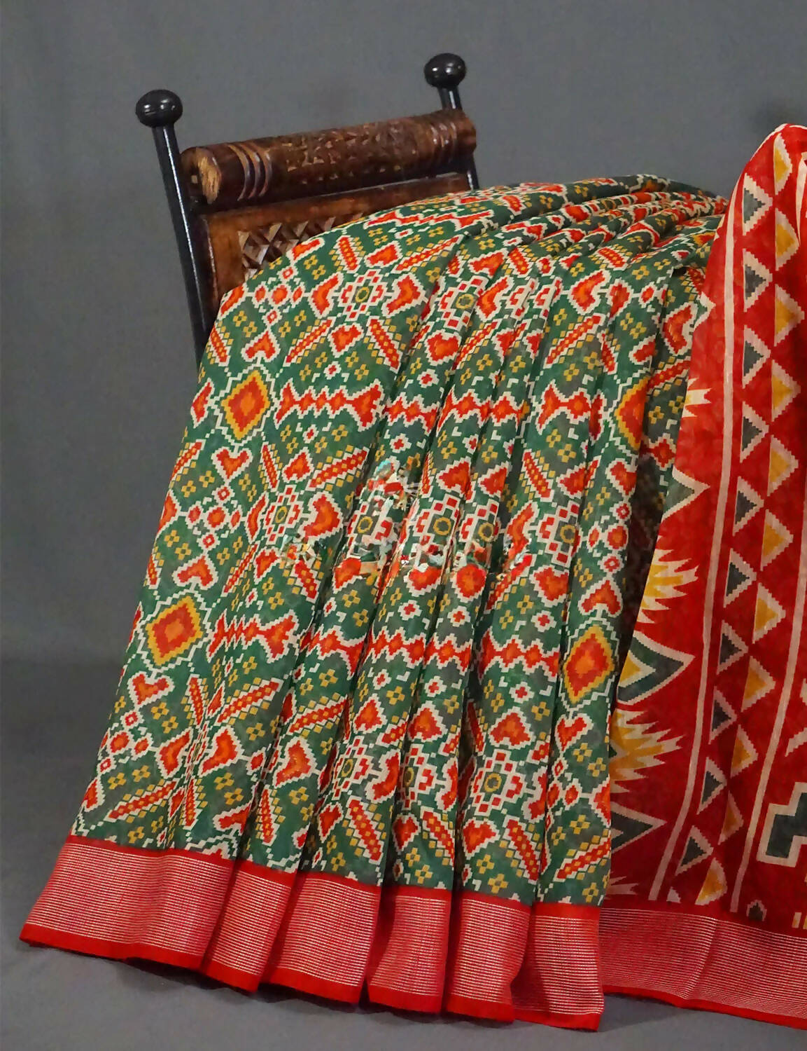 Combo of Parrot Green and Red Patola Print Semi Chanderi Saree By Gayathri Reddy Designer Studio