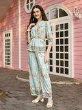 Aqua Blue Rayon Paisley & Floral Printed Top with Matching Bottom - Eesha