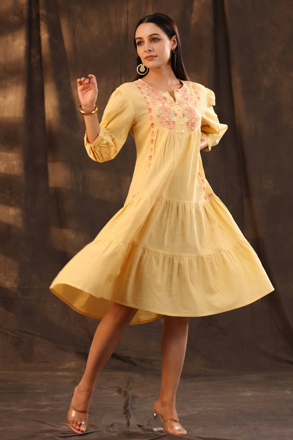 Juniper Women's Yellow Cotton Slub Solid Embroidered Tiered Dress