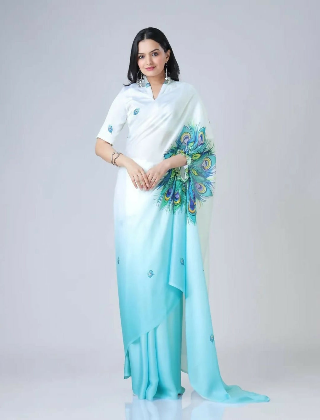 Vastranavya Sky Blue & White Ready to Wear Peacock Print Free Hand Saree