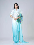 Vastranavya Sky Blue & White Ready to Wear Peacock Print Free Hand Saree