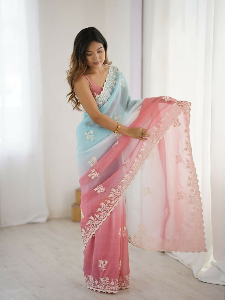 Rust Crunchy Silk Embroidery Work Party Wear Saree - Lakshita