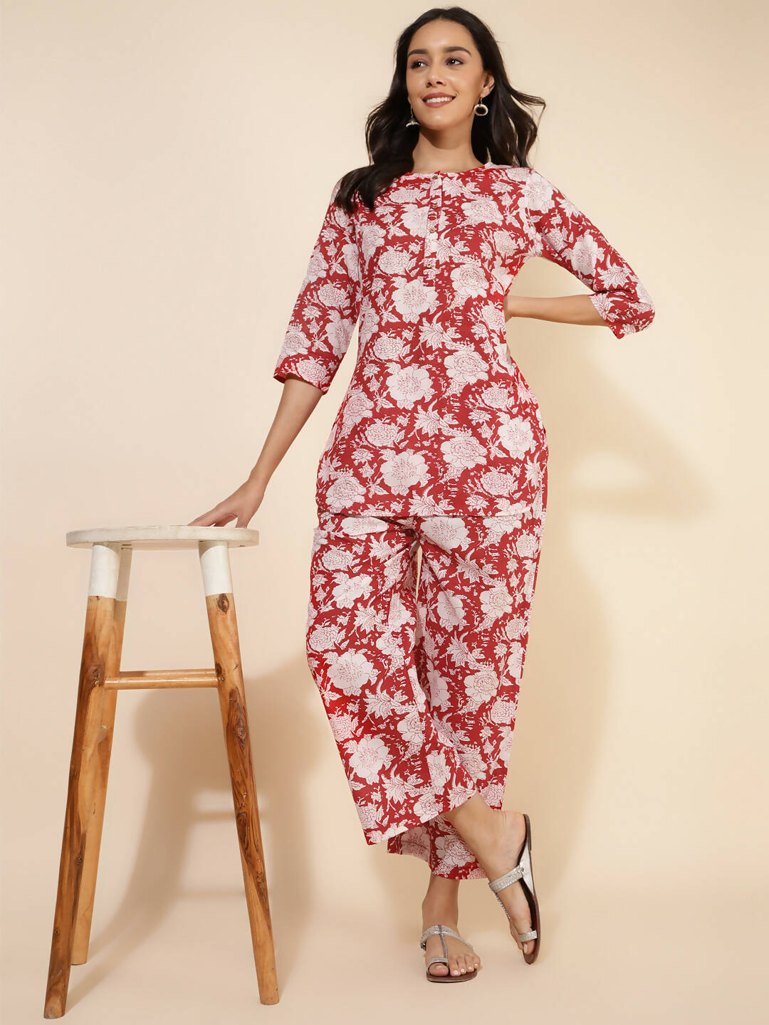 Janasya Women's Red Cotton Cambric Floral Printed Casual Straight Top Set