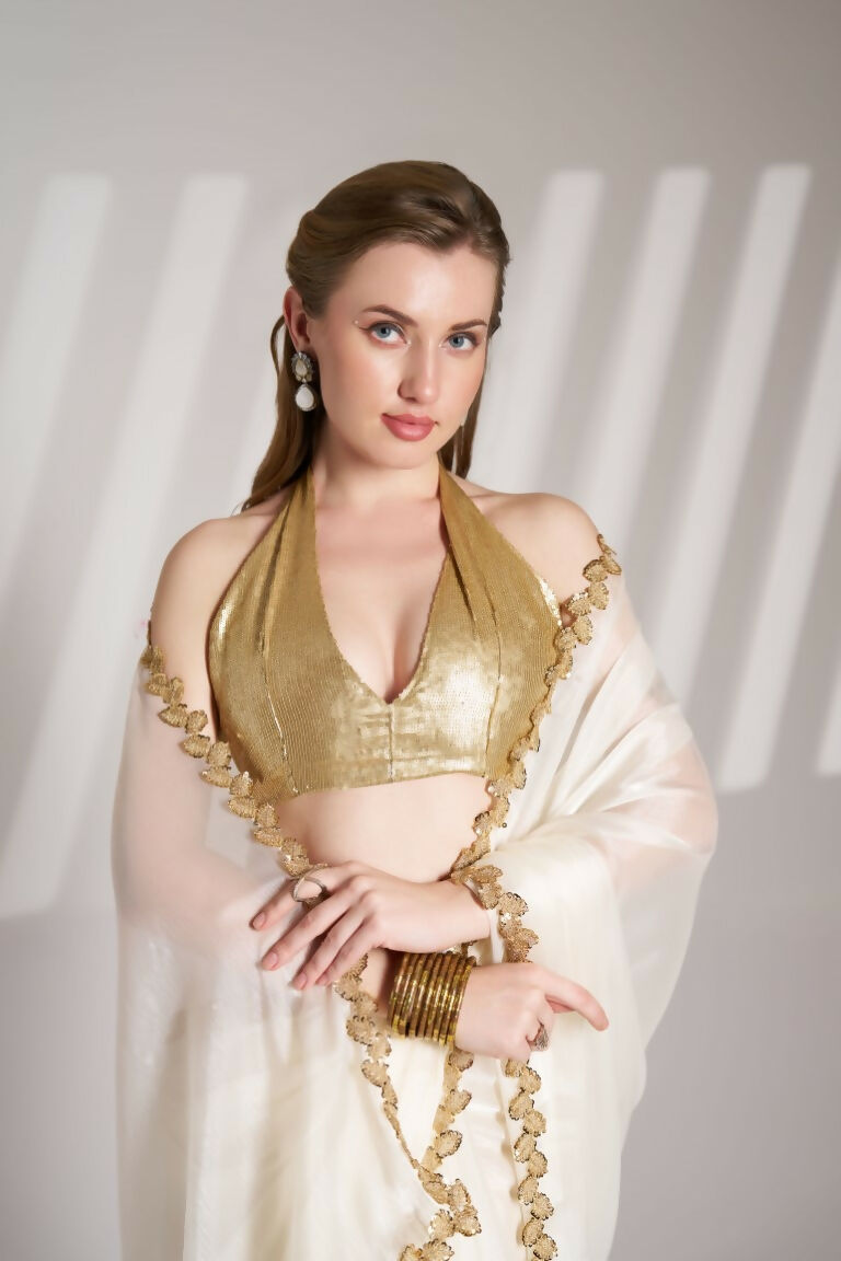White Burberry Organza Solid Fancy Designer Saree - Nafisa