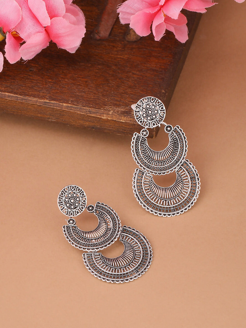 NVR Women Silver Plated Crescent Shaped Drop Earrings