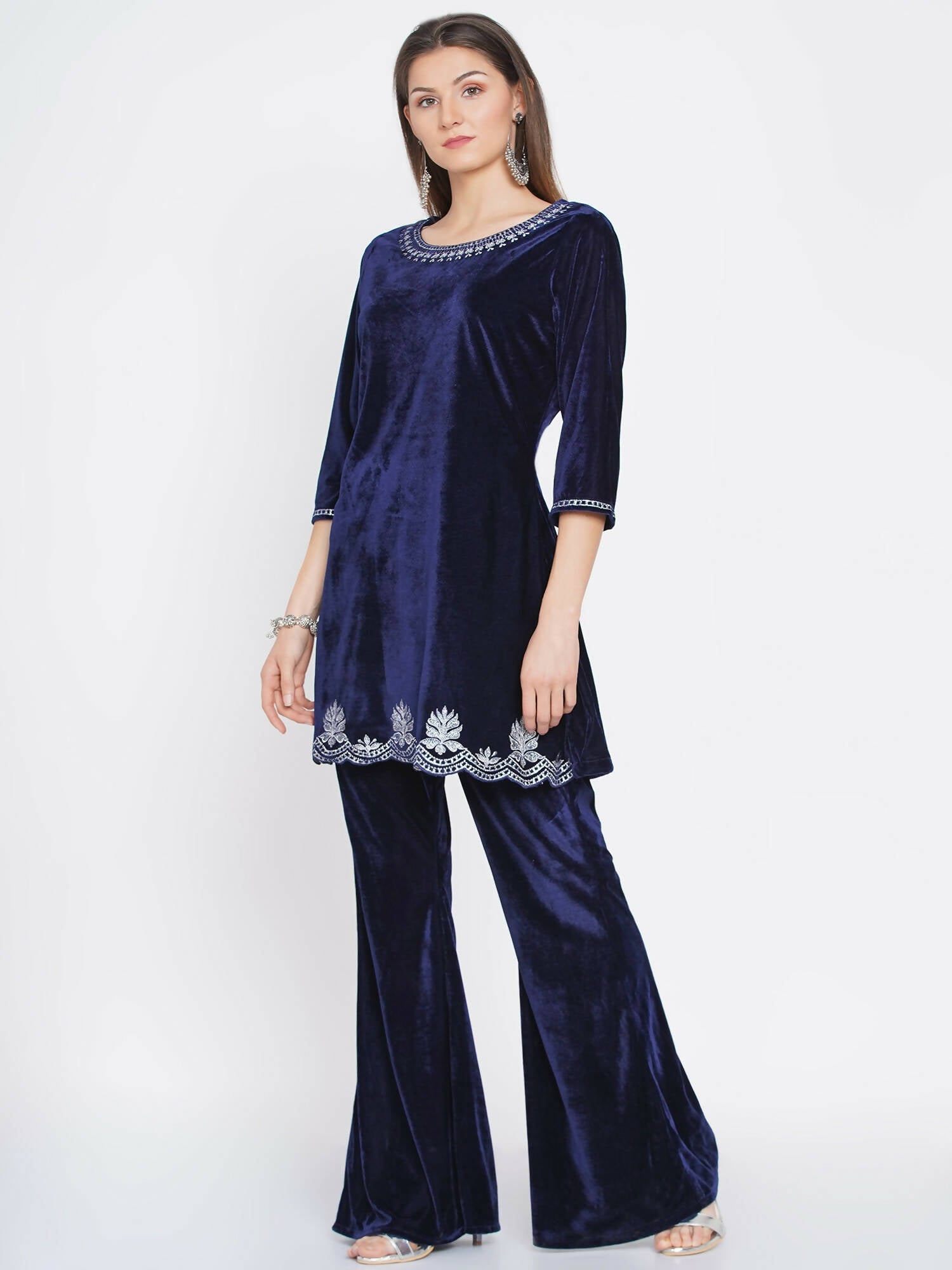 Women Republic Navy Blue Velvet Embroidered Kurta With Bellbottom Pants