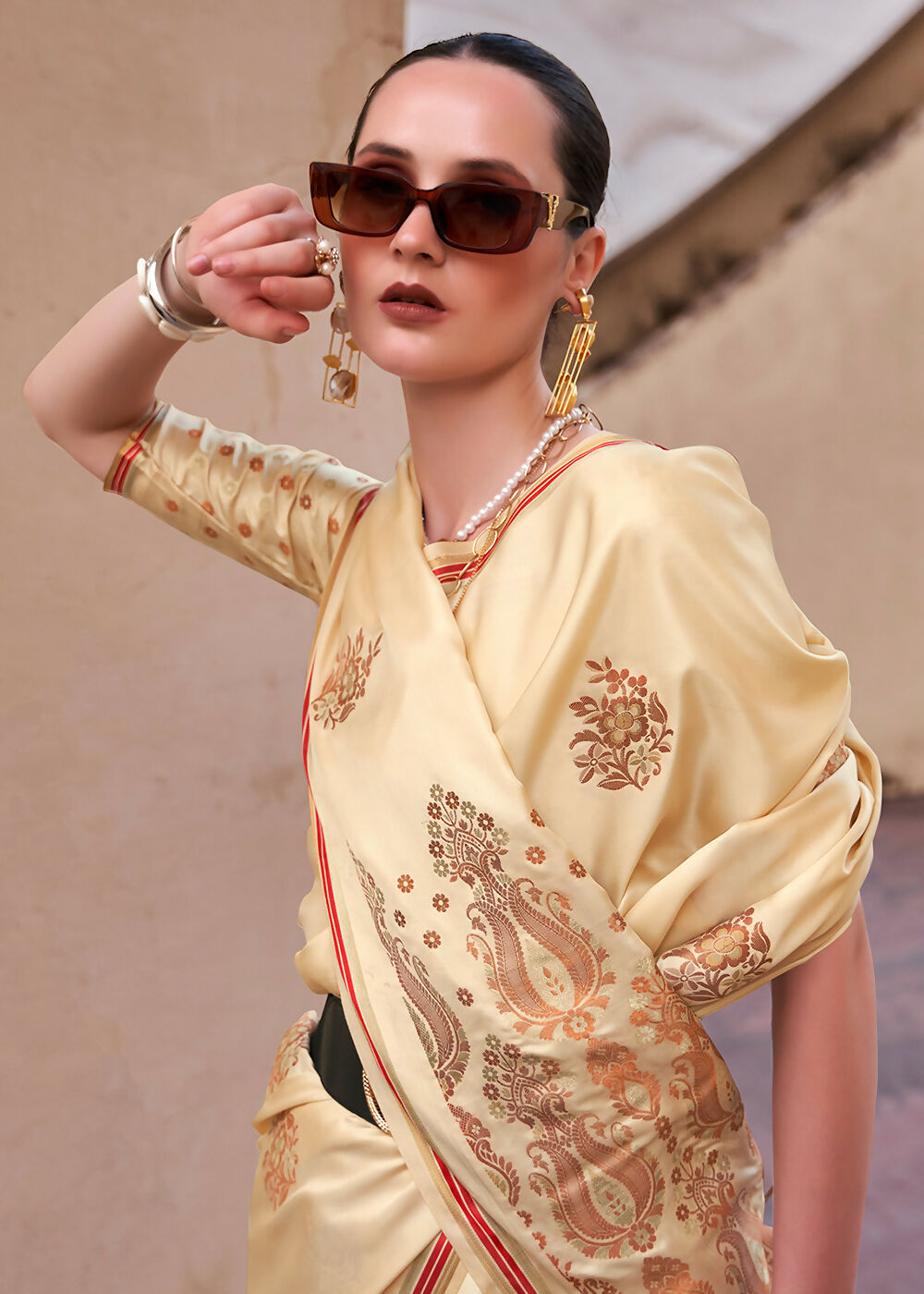 Buttermilk Beige Pure Satin Zari Weaving Wedding Festive Saree - Emponline