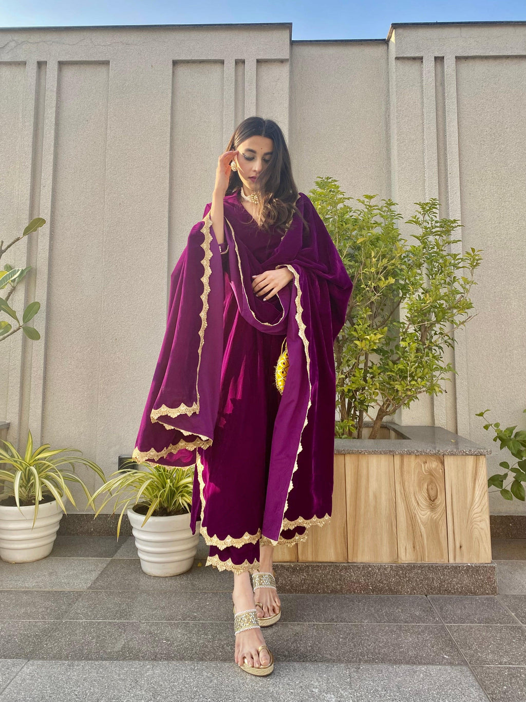 trueBrowns Wine Velvet Lace Kurta Pant Set