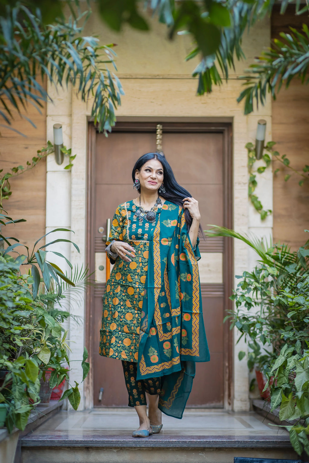 Jompers Women's Green Ethnic Motifs Printed Pure Cotton Kurta with Trousers & Dupatta