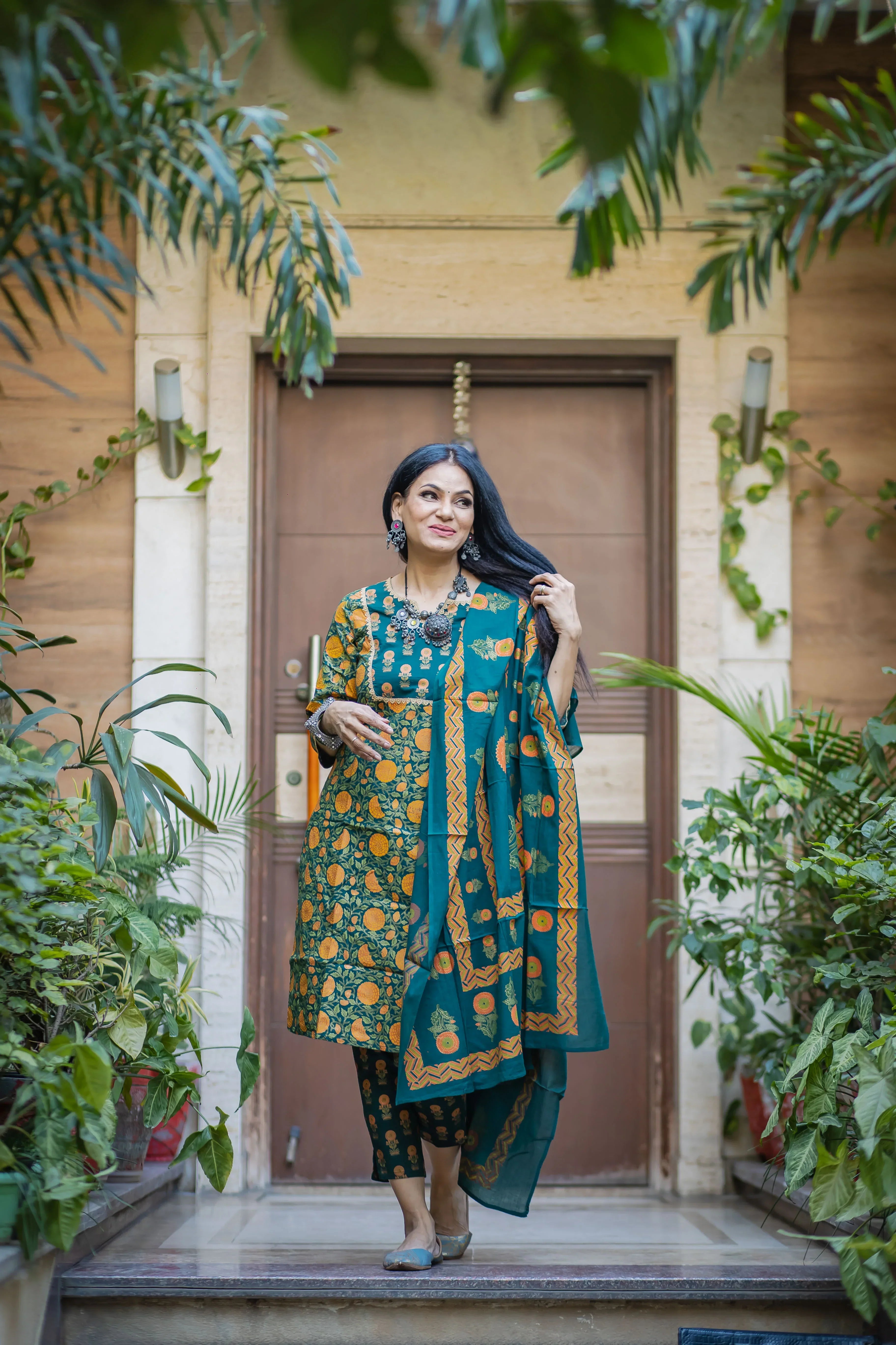 Jompers Women's Green Ethnic Motifs Printed Pure Cotton Kurta with Trousers & Dupatta