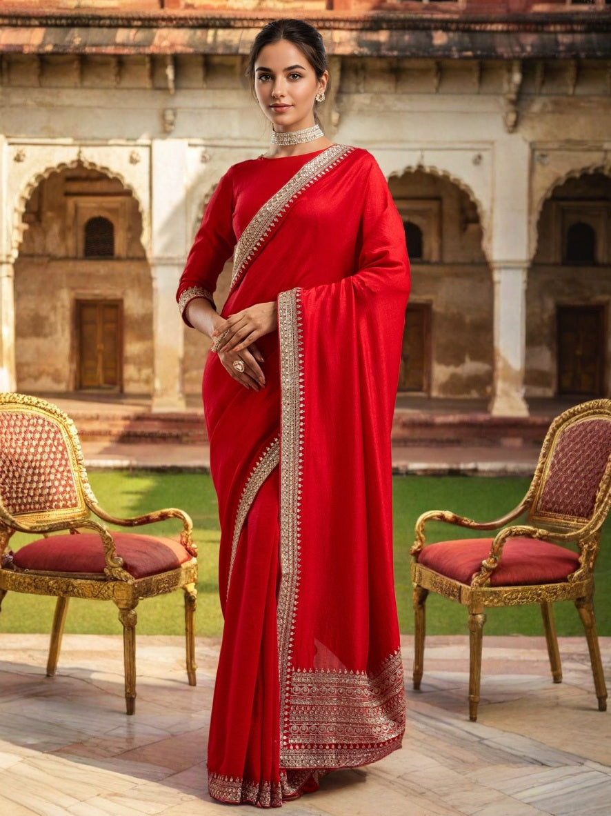 Lorenvalley Fashion Red Vichitra Silk with Sequence coding Work Saree with Blouse