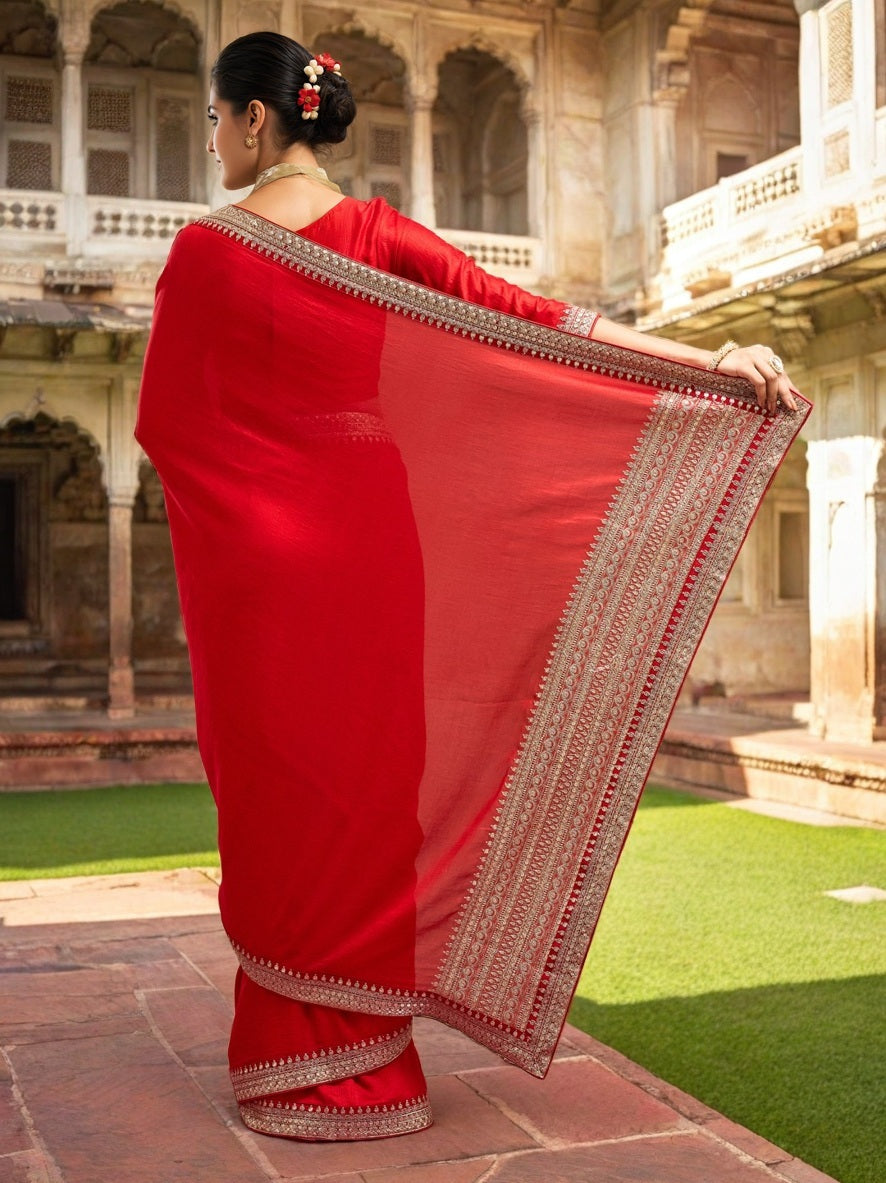 Lorenvalley Fashion Red Vichitra Silk with Sequence coding Work Saree with Blouse