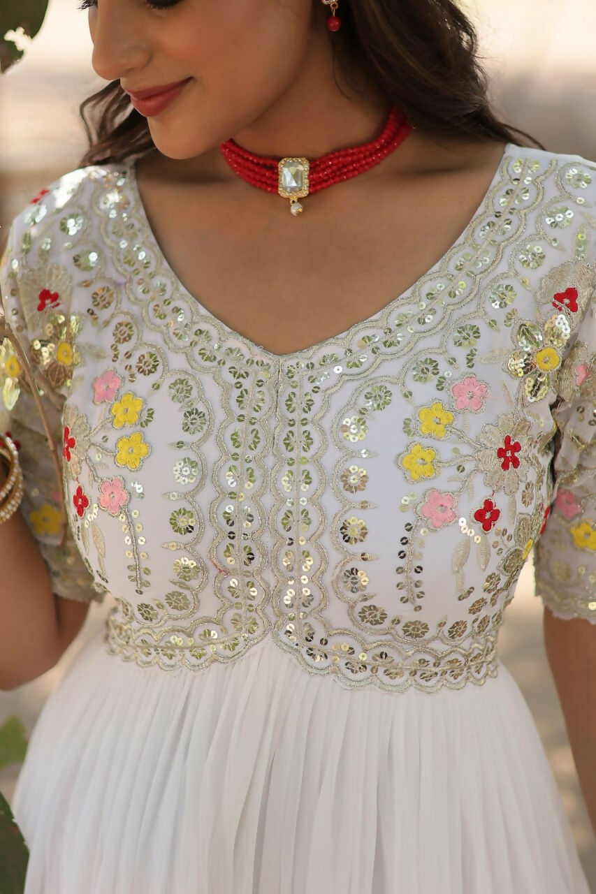 Vastranavya Faux Blooming with Embroidery Zari Sequins-work Gown - White