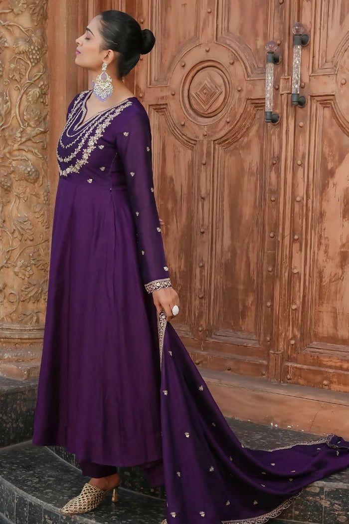 The52 Wine Women's Gorgeous Vichitra Silk Fabric Embroidered Work Flared Anarkali Pant and Dupatta Set