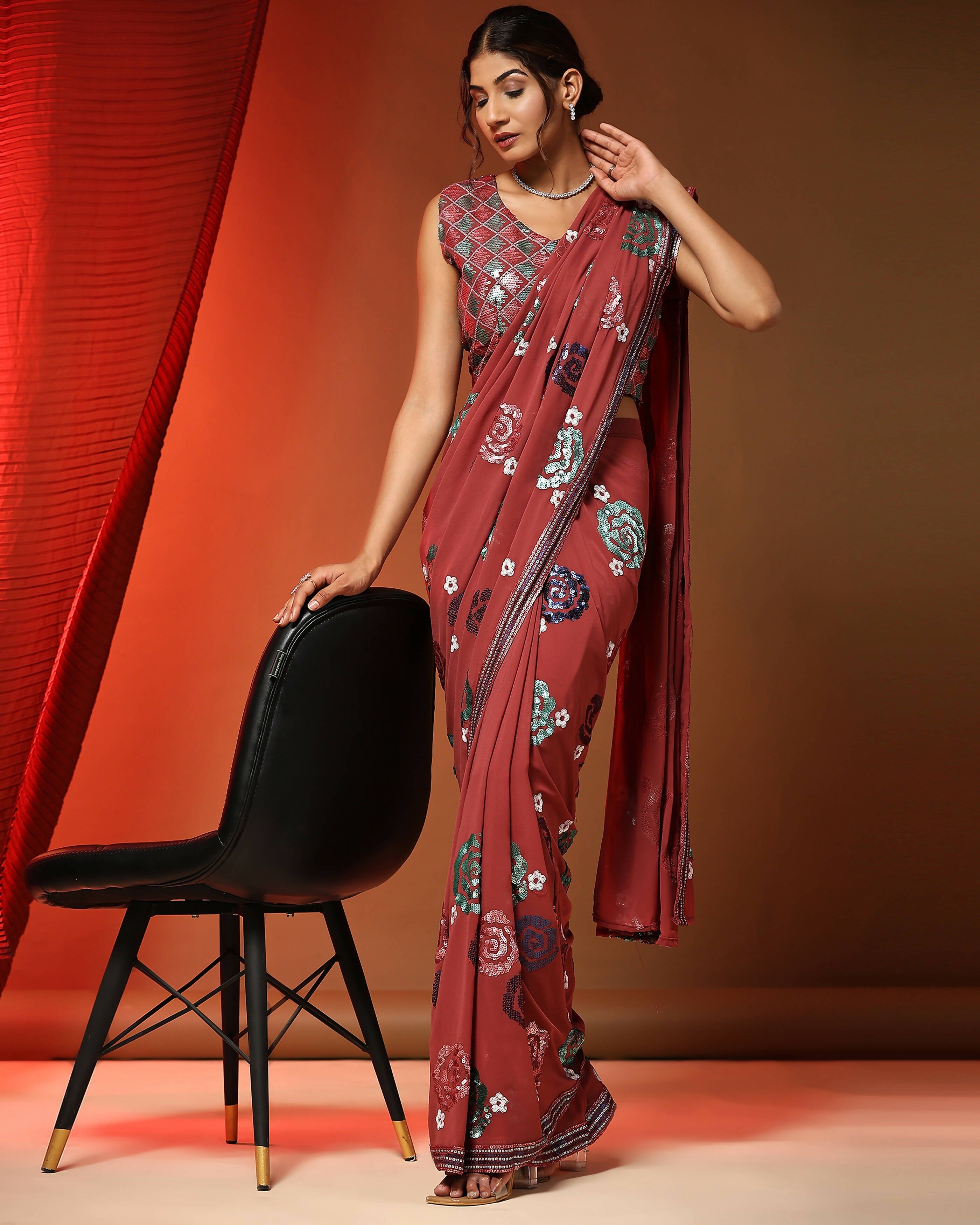 Peach Pure Georgette Sequence work Ready to wear Saree with stitched Blouse - Nirvana