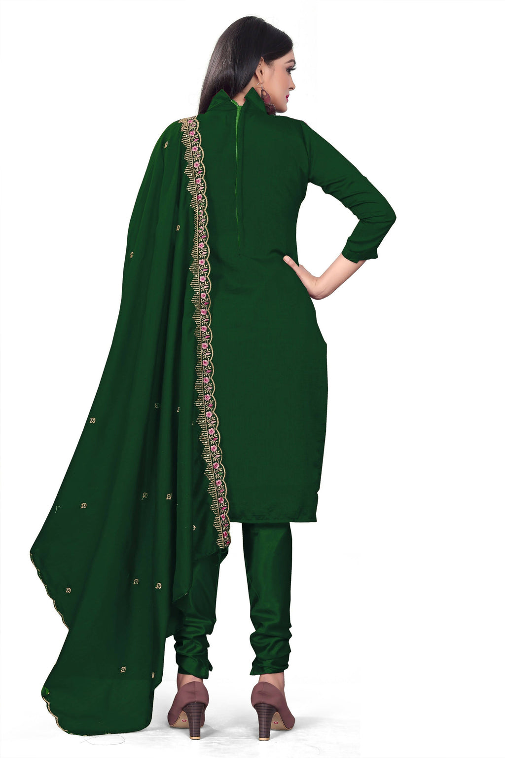 Green Silk Embroidered with Sequins work Unstitched Dress Material - Tanvi
