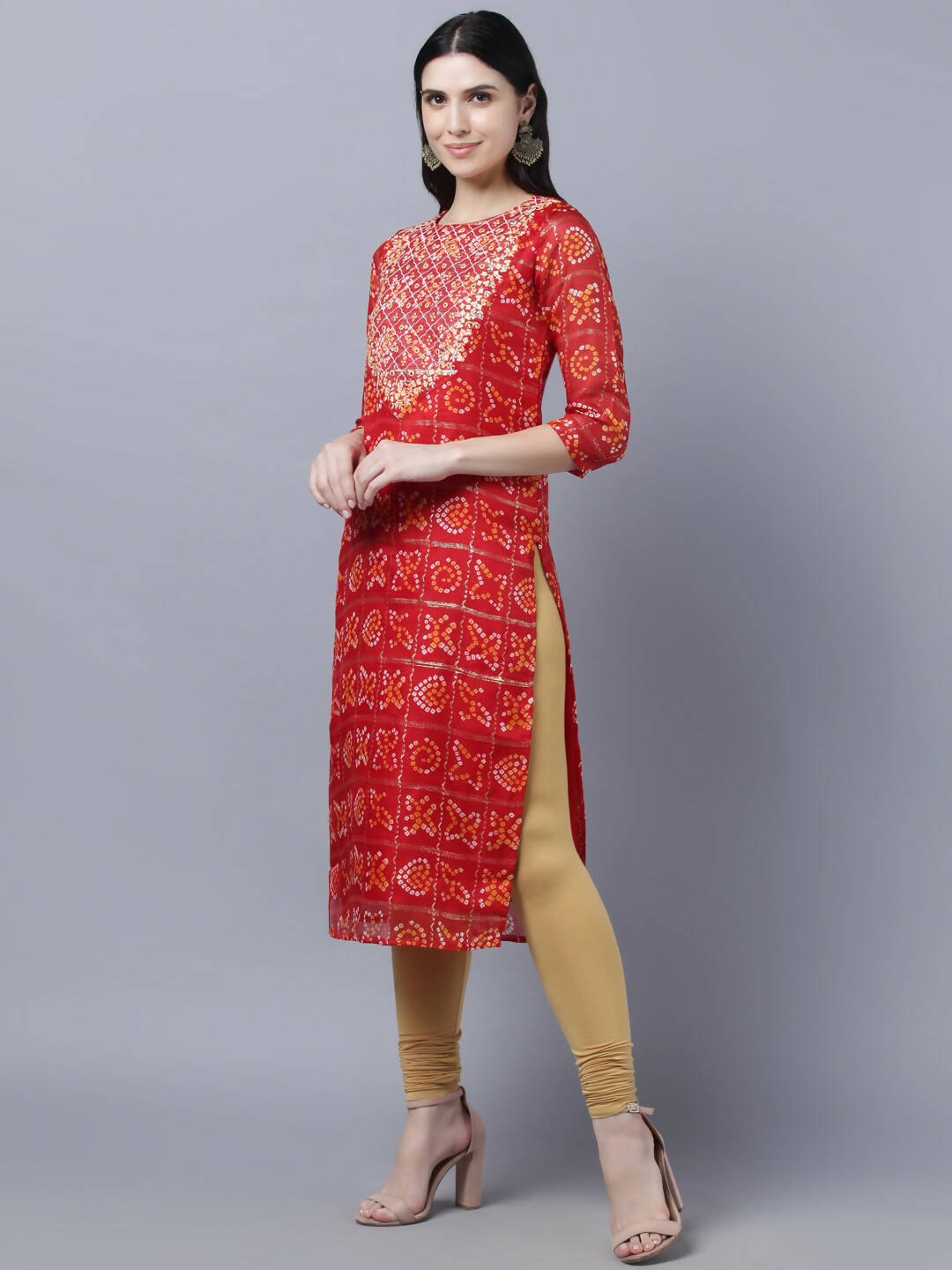 Myshka Women Red Yellow Bandhani Printed Mirror Work Kurta