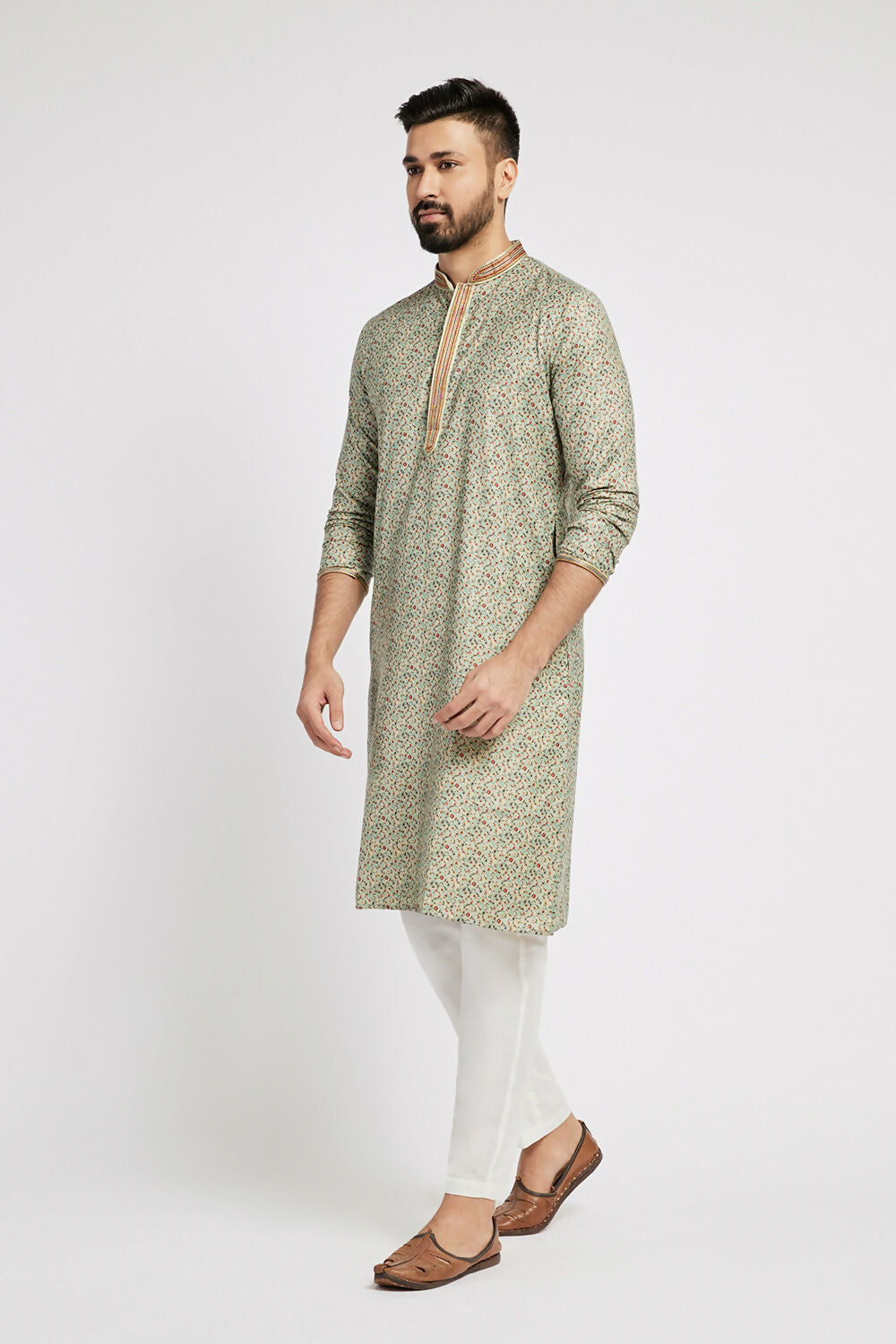 Ethnic India Blue Men's Kurta Floral Polyester