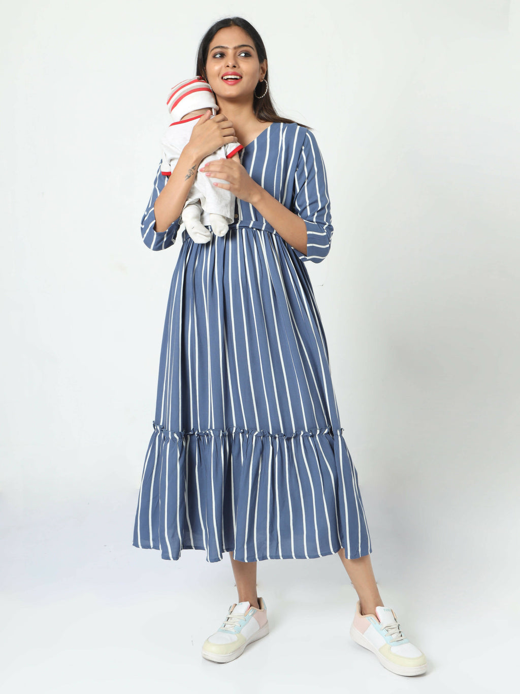 Manet Three Fourth Maternity Dress Striped With Concealed Zipper Nursing Access - Blue
